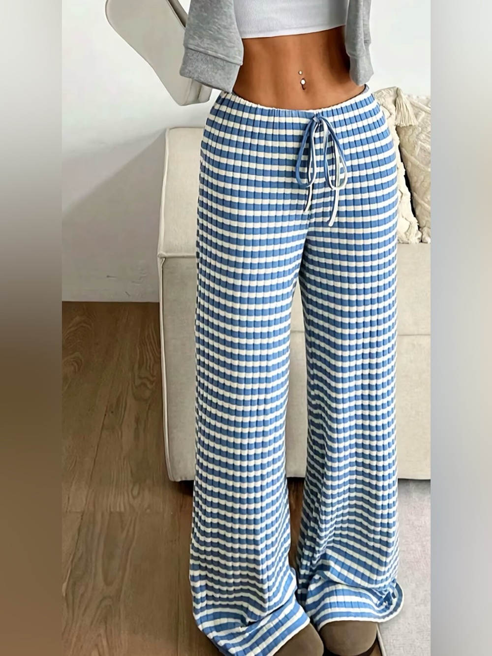 Womens Casual Drawstring Wide Leg Pants Striped Lounge Pajamas Size Small